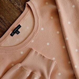 Adrianna Papell Polka Dot Puff Sleeve Knit Sweater Blush Pink Womens Size XL